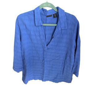 Tahari Linen Cotton V-Neck Tunic Minimalist Women 1X Blue Resort Coastal Summer